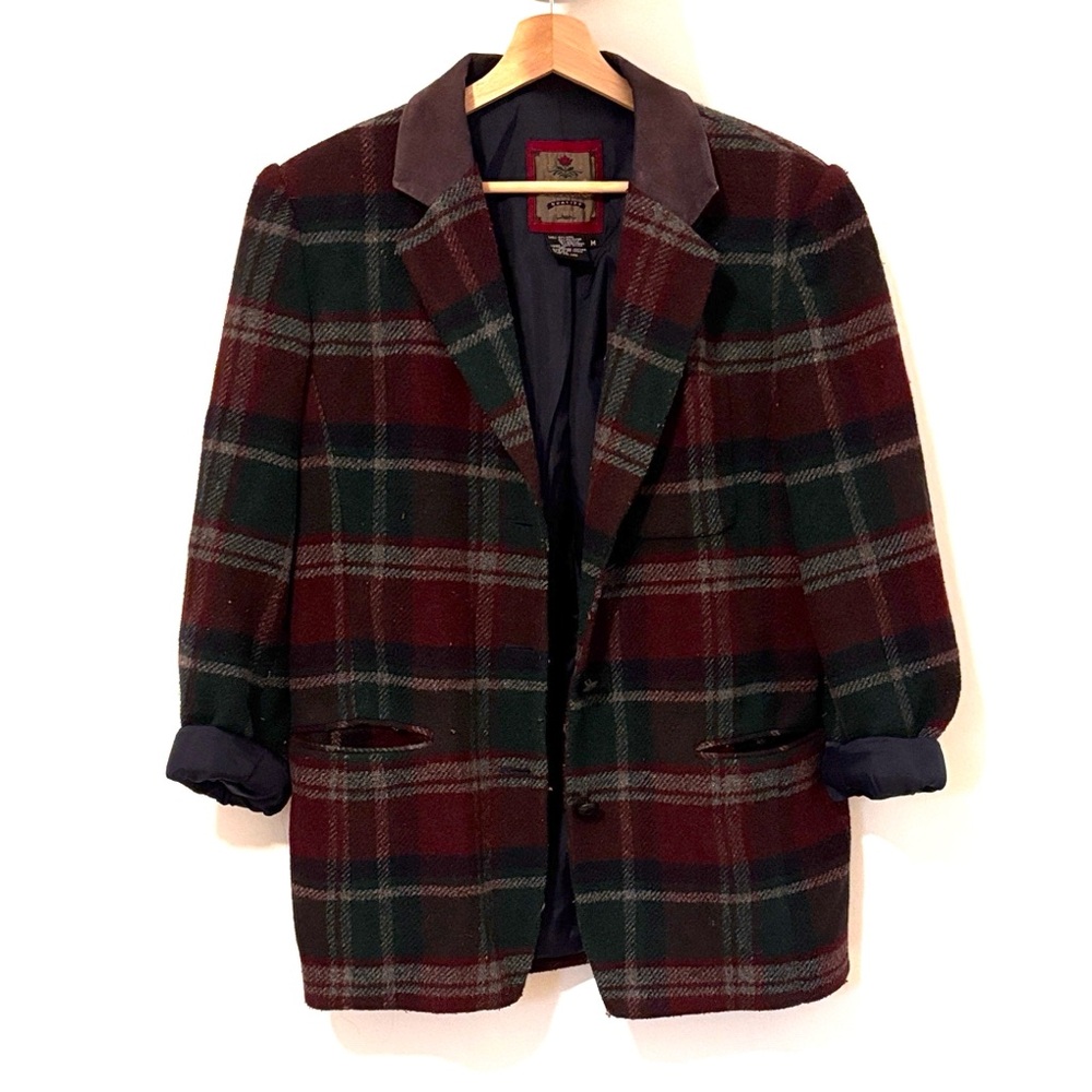 Vintage Plaid Wool Blend Blazer with Leather Collar